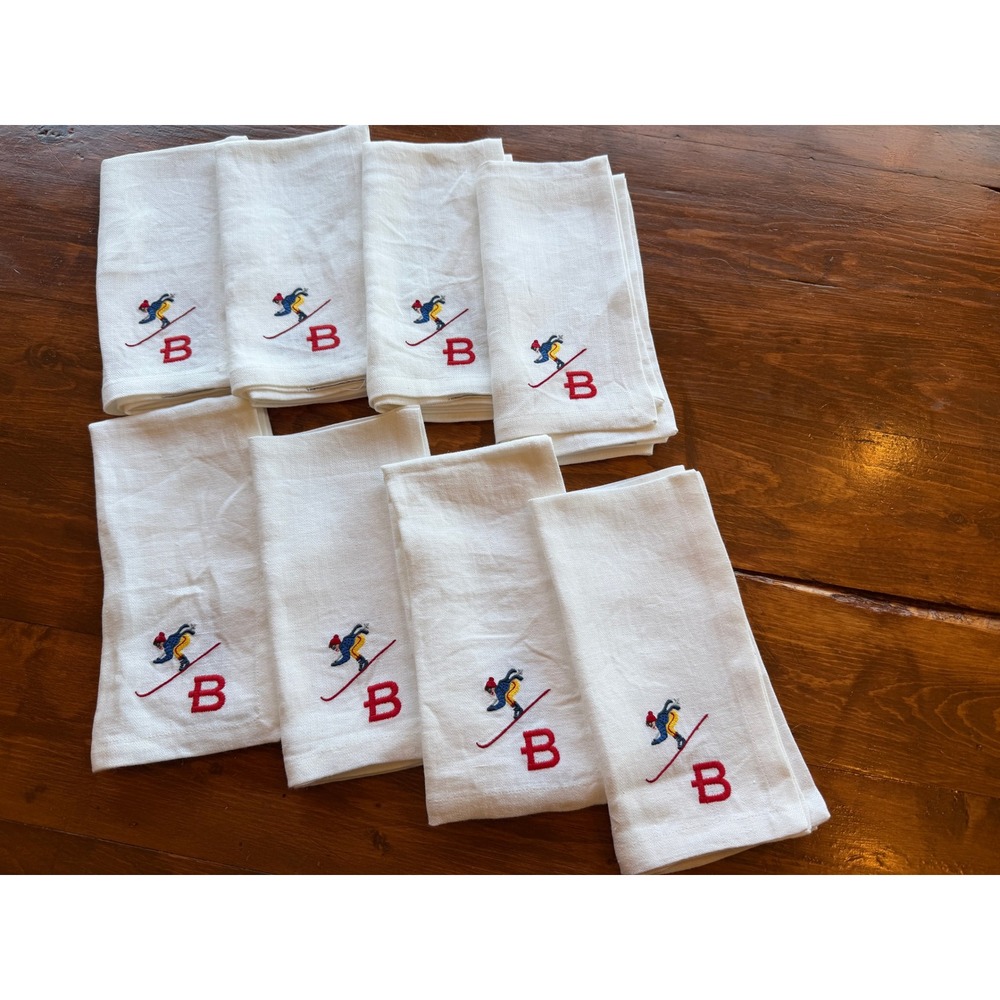 Mark Graham White Linen Skier Monogram B Dinner Napkins Set of 8 20x20